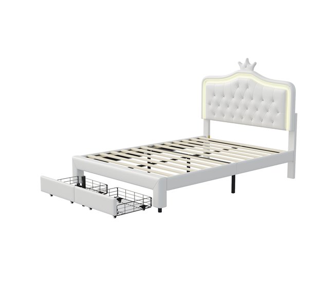 Cama, LED, cama adolescente, cama de casal, gavetas Branco