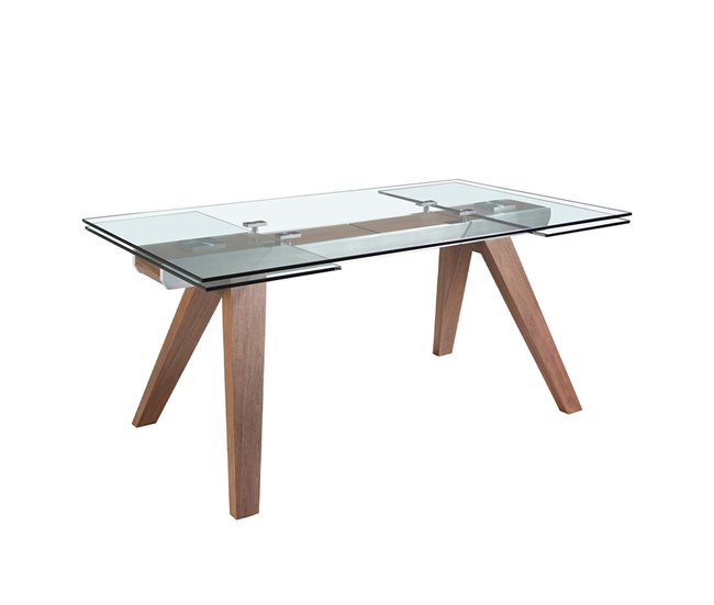 ANGEL CERDA Mesa de jantar extensível retangular vidro temperado e nogueira 270x100 Nogal