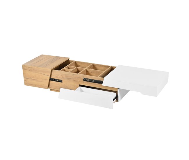 Mesa de centro moderna com gavetas deslizantes e compartimentos ocultos, design contemporâneo em carvalho e branco brilhante. ideal para sala de estar ou escritório, unindo elegância, praticidade e grande capacidade de armazenamento