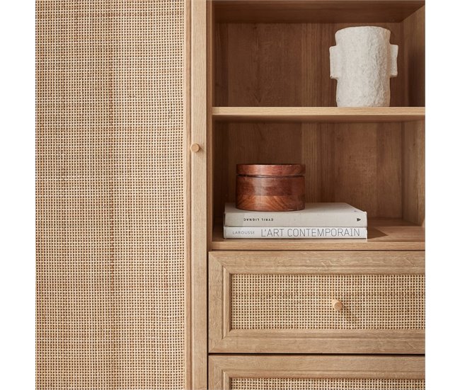 Aparador de arrumação em madeira e cana 1 porta, 2 gavetas 101 Madeira