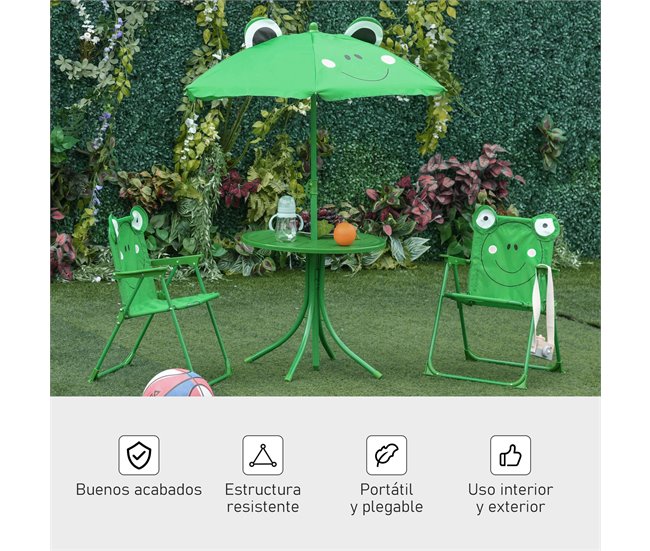 Conjunto Mesa e Cadeiras Exterior Infantil Metal e Poliéster Verde