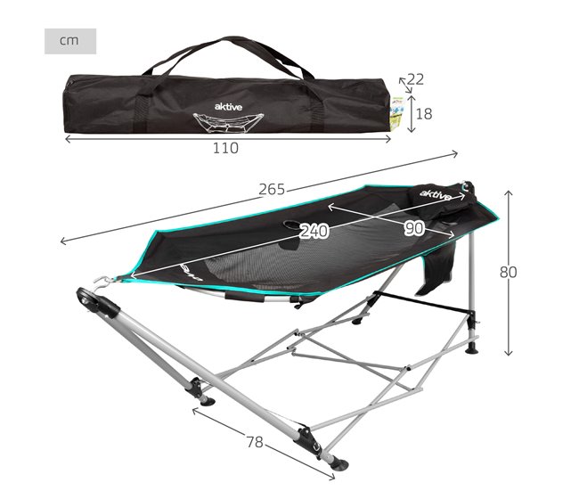 Aktive Rede dobrável com estrutura de aço com porta-copos Preto