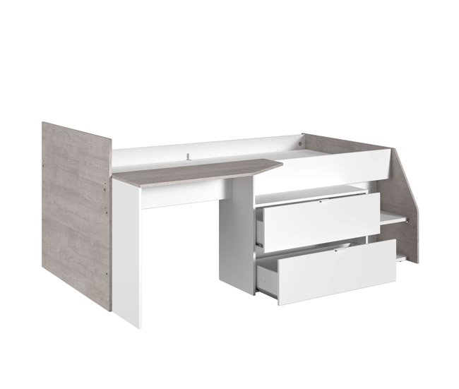 Cama infantil Valky com escrivaninha e 2 gavetas 203x135 Branco/cinza