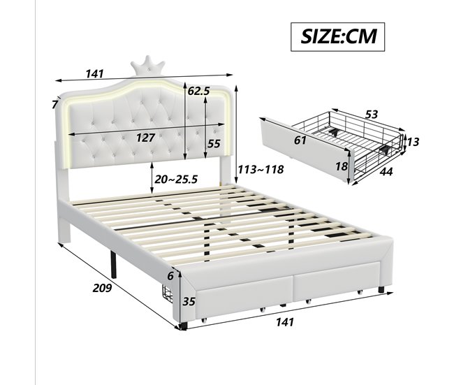 Cama, LED, cama adolescente, cama de casal, gavetas Branco