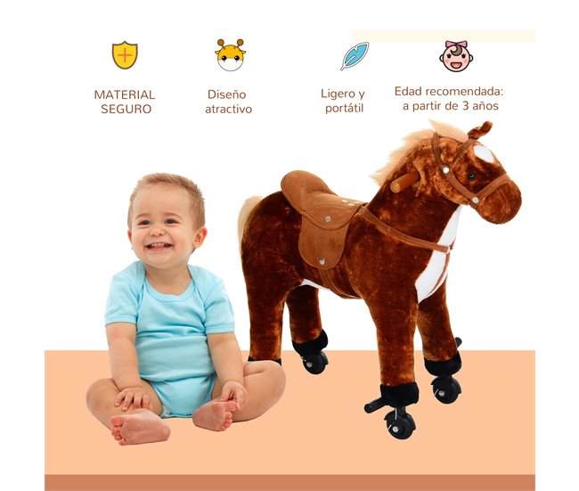 Cavalo de Baloiço Pelúcia, tubo de aço, algodão PP HOMCOM Castanho