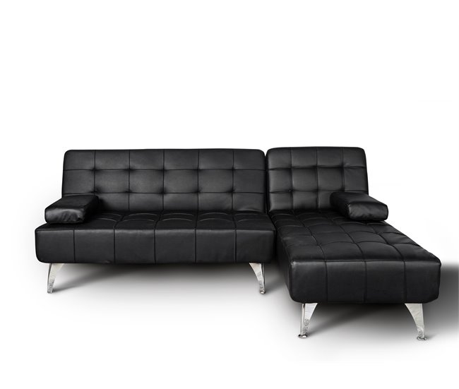 Sofá-cama com chaise longue e mesa de apoio Preto