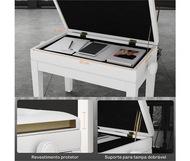 Banco de Piano Madeira de Borracha e Couro Sintético HOMCOM Branco