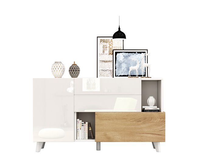 Aparador de painel de partículas com 2 portas e 2 gavetas Branco/ Madeira