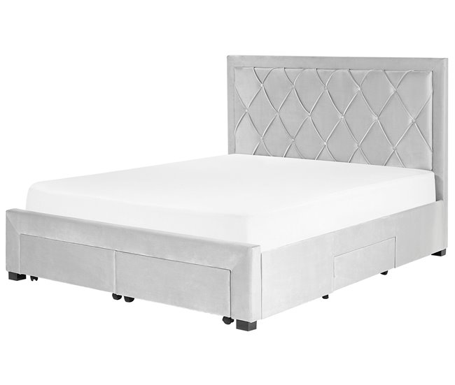 Beliani Cama com armazenamento Veludo LIEVIN 165x217 Azul Marino