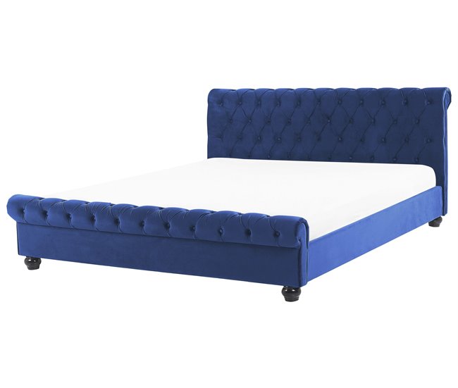 Beliani Cama com estrado Veludo AVALLON 192x233 Azul Marino