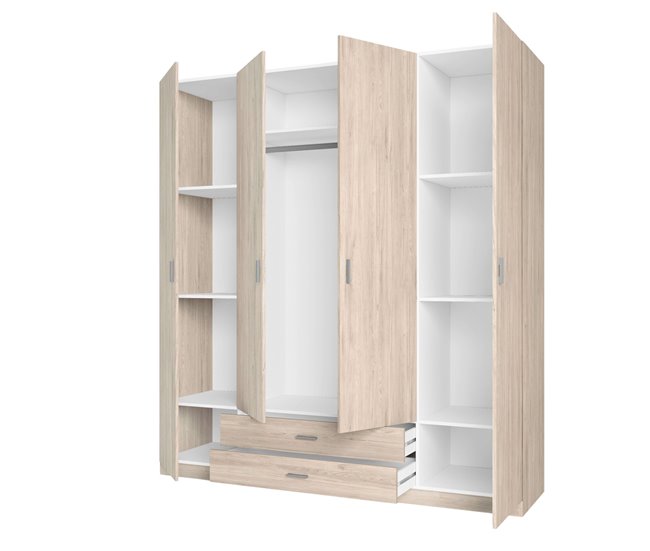 Guarda-roupa Roma com 4 portas e 2 gavetas, quarto moderno Madeira Clara