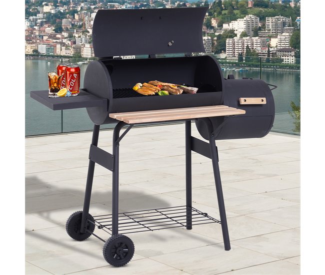 Barbecue a Carvão Aço laminado a frio e madeira Outsunny Preto