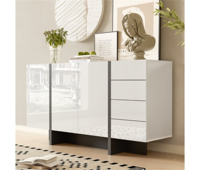 Aparador, 2 portas, 4 gavetas, sala de estar, sala de jantar Branco