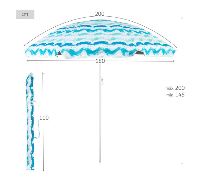 Aktive Guarda-sol de praia de 8 nervuras, ondas com revestimento Azul