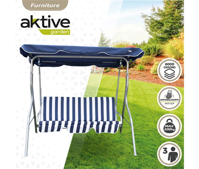Cadeira de baloiço de jardim azul e branca com capota basculante 3 lugares Aktive Preto