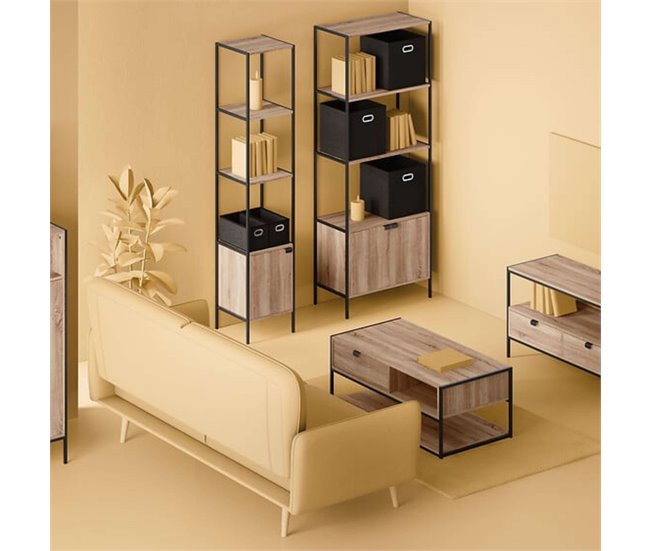 Estante para sala com 1 porta e 3 prateleiras em aço Preto/ Madeira