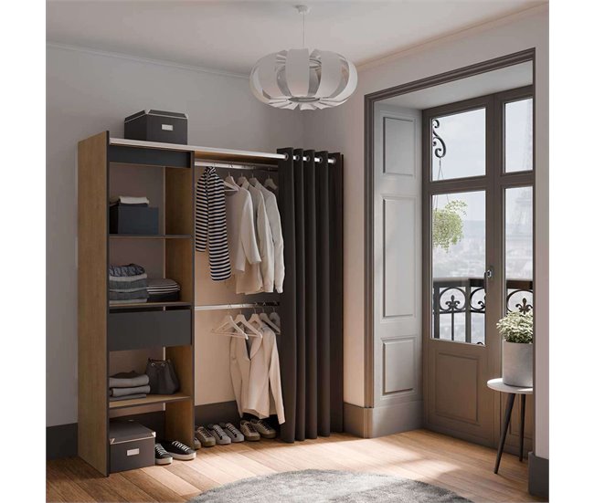 Guarda-roupa extensível com barras e gaveta Preto/ Madeira