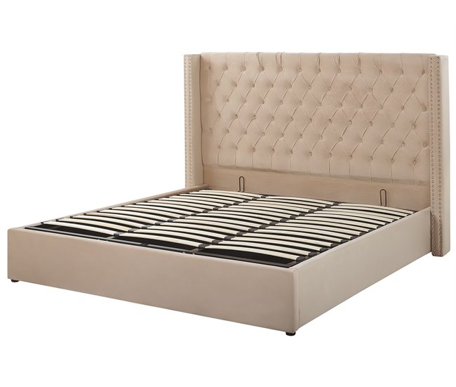 Beliani Cama com armazenamento Veludo LUBBON Bege