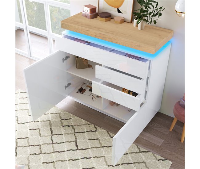 Aparador de painel de partículas com 2 portas e 3 gavetas Natural/ Branco