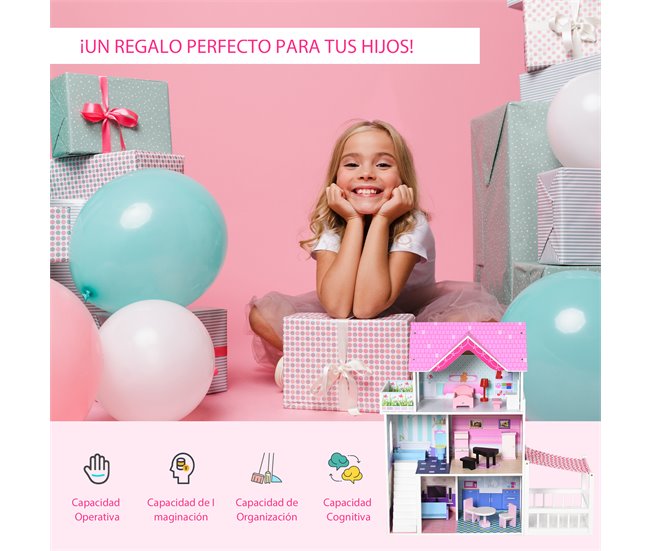 Casa de Bonecas Madeira de Pinho e MDF HOMCOM Rosa