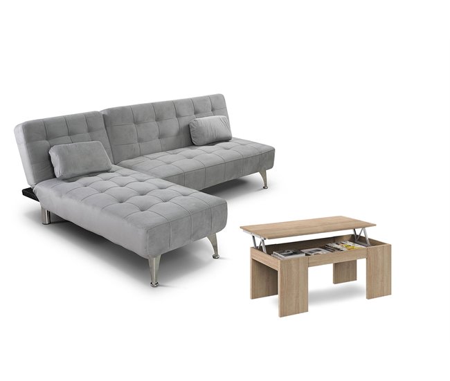 Oferta: Sofá-cama XS Chaise Longue + Mesa de Centro Elevatória Cinza