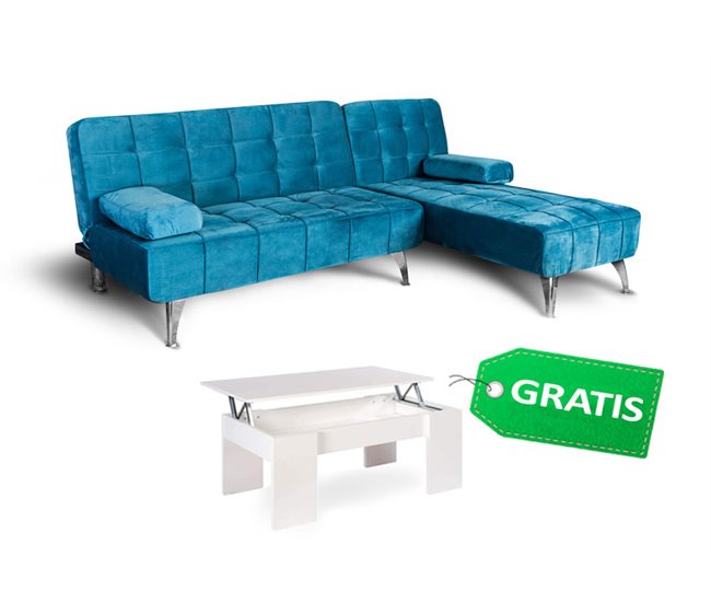Sofá-cama com chaise longue e mesa de apoio Azul