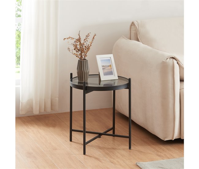 Mesa lateral redonda de metal em vidro temperado Lier [en.casa] Preto