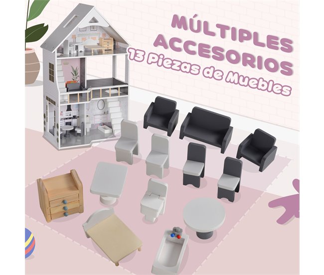 Casa de Bonecas MDF e Madeira de Pinho AIYAPLAY Cinza