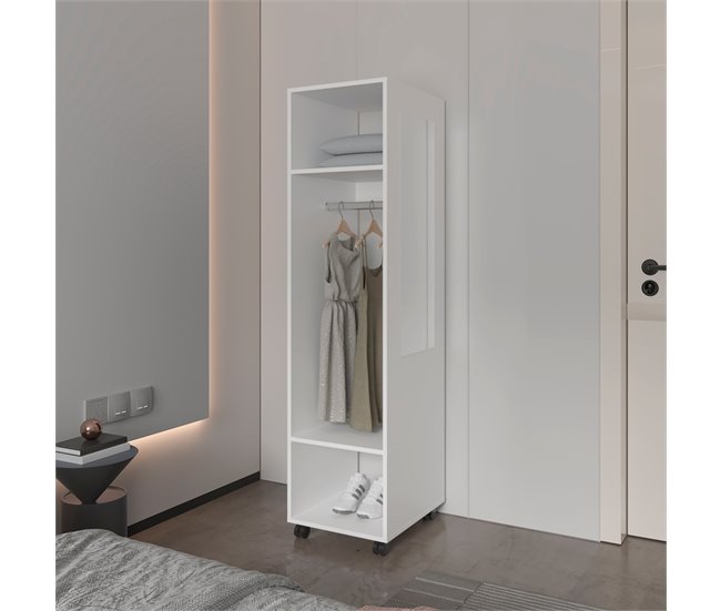 Armário em melamina Kronospan, três prateleiras, varão para roupa Branco