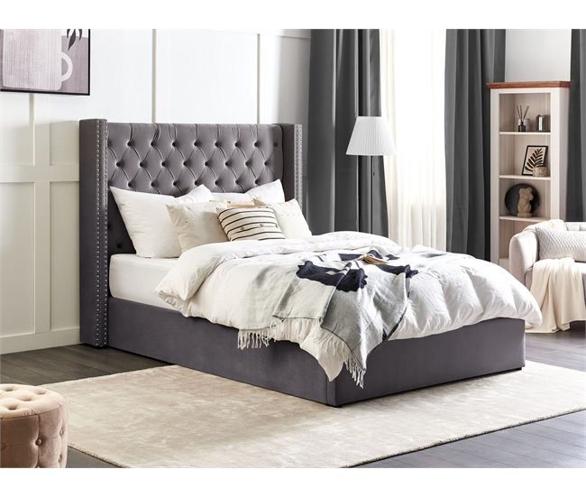 Beliani Cama com armazenamento Veludo LUBBON 170x217 Cinza