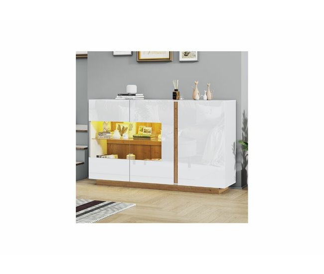 Aparador com vidro, 3 portas e iluminação LED Branco