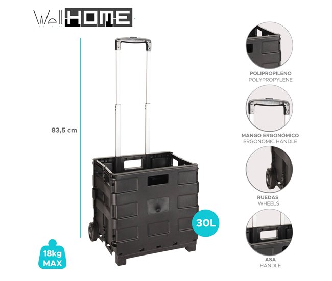 Carrinho de alumínio WellHome com caixa dobrável Preto