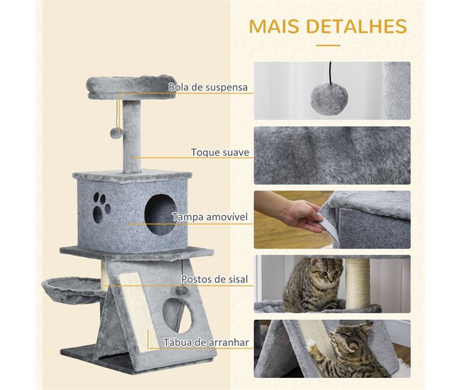 Árvore para Gato Aglomerado, Pelúcia, Tecido de Feltro e Sisal Cinza