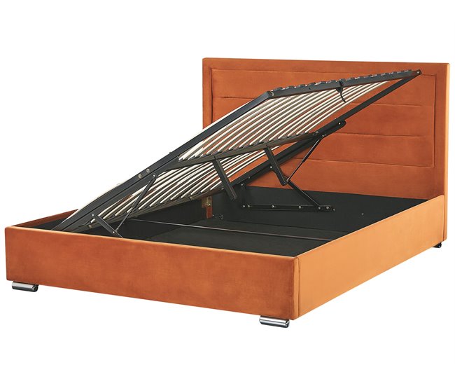 Beliani Cama com armazenamento Veludo ROUEN 188x214 Laranja