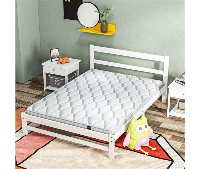 Estrutura de Cama de Casal Madeira de pinho HOMCOM, casa - quarto Branco