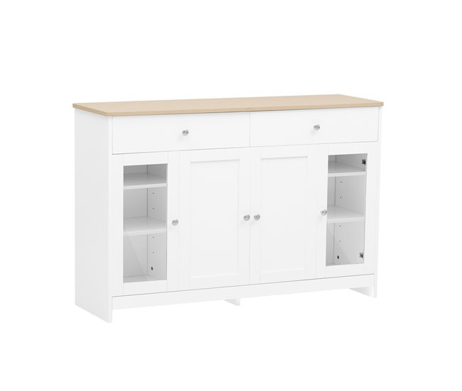 Aparador de madeira branco com tampo cor carvalho claro, design moderno com 2 gavetas e 4 portas de arrumação, ideal para sala de jantar, sala de estar ou hall de entrada, amplo espaço para guardar loiça e decoração