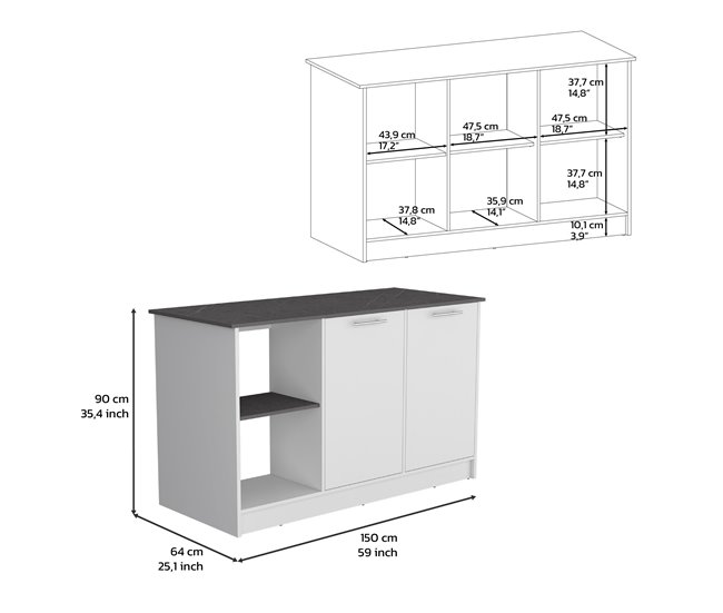 Ilha de cozinha Juniper em melamina com 2 portas e 6 prateleiras Branco