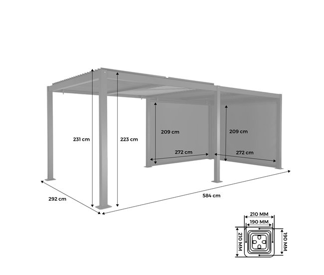 Pérgola bioclimática, alumínio e aço, lâminas orientáveis 574x272 Cinza