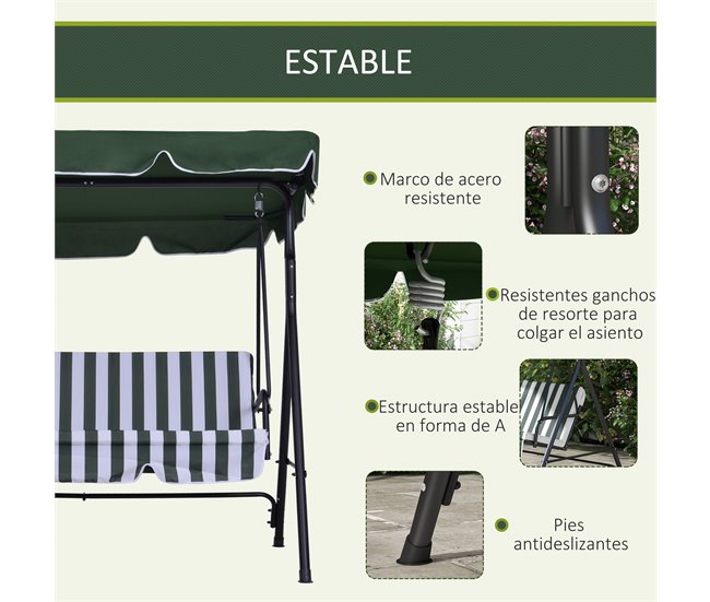 Baloiço de Jardim Tecido de poliéster e aço Outsunny Verde