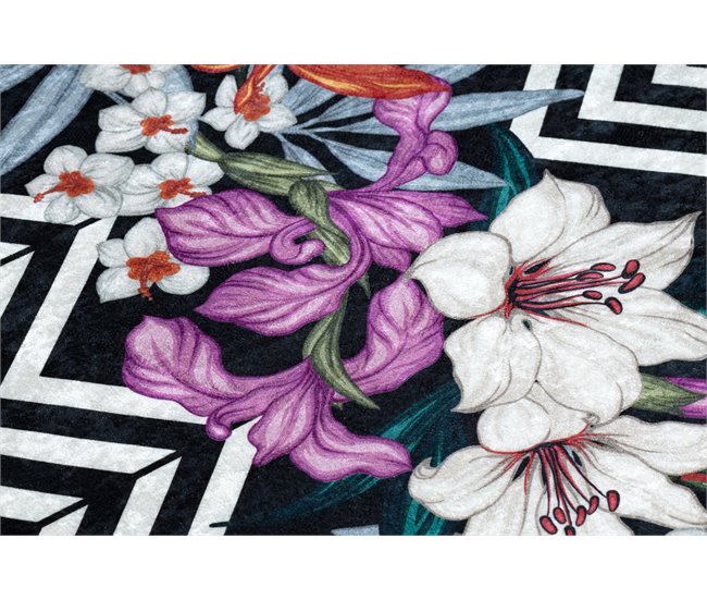 ANDRE 2300 Tapete flores zigzag antiderrapante 80x150 Preto