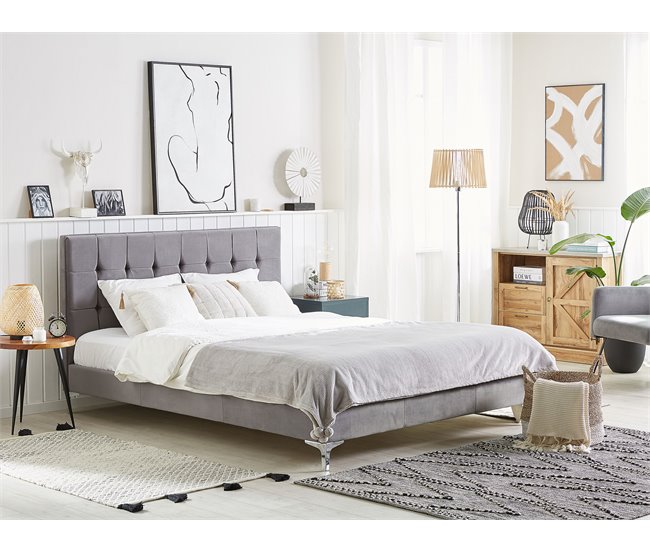 Beliani Cama com estrado Veludo AMBERT 168x212 Cinza