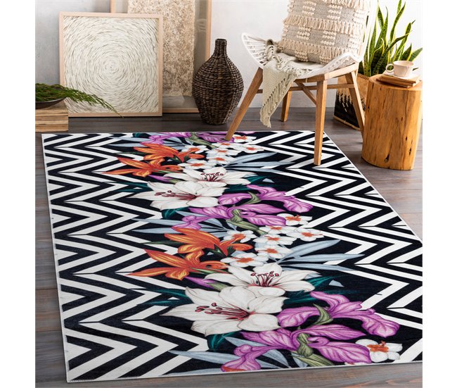 ANDRE 2300 Tapete flores zigzag antiderrapante 120x170 Preto