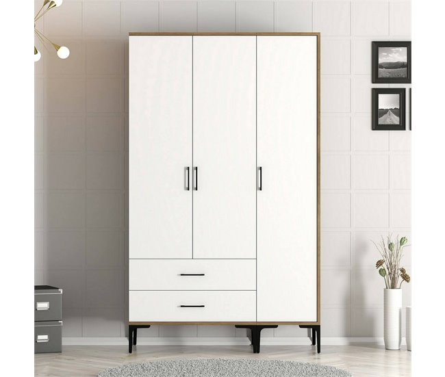 Armário de 3 portas com efeito madeira 120 Branco/ Madeira
