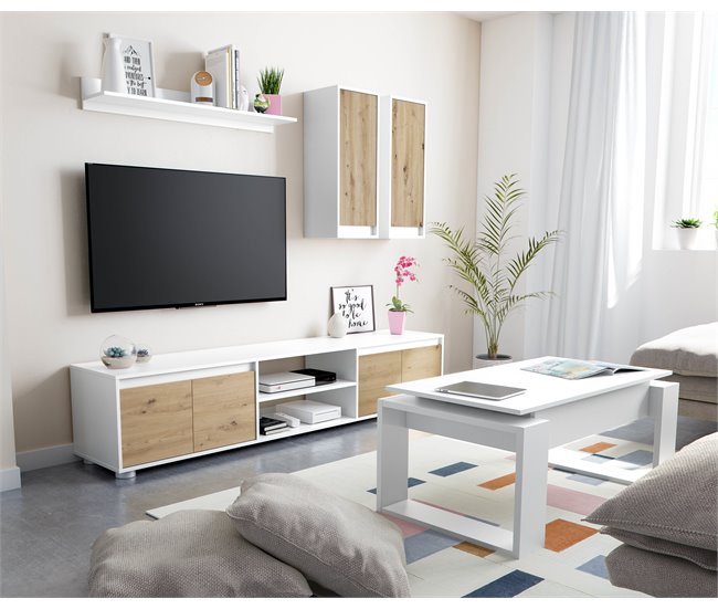 Compacto de TV YUMI carvalho branco 200cm Branco/ Madeira