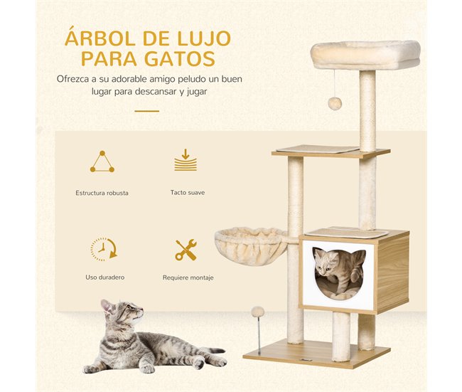 Arranhador para Gatos Aglomerado de Madeira, Pelúcia e Sisal Bege