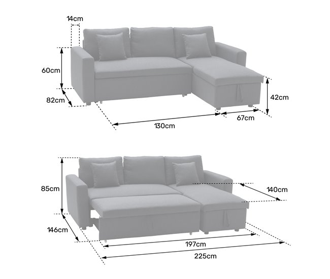 CLARK sofá-cama de canto de 3 lugares em tecido e imitação de couro Preto