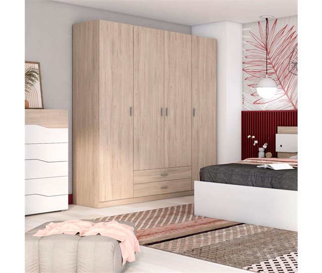 Guarda-roupa Roma com 4 portas e 2 gavetas, quarto moderno Madeira Clara