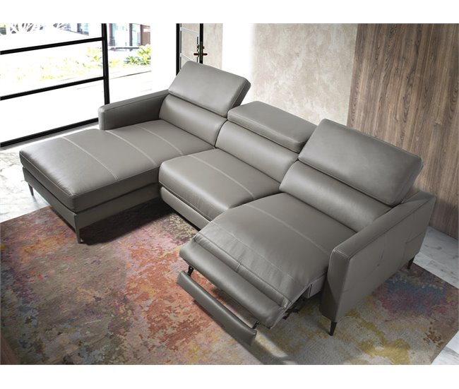 ANGEL CERDA Sofá chaise longue em pele com relaxamento Cinza Escuro