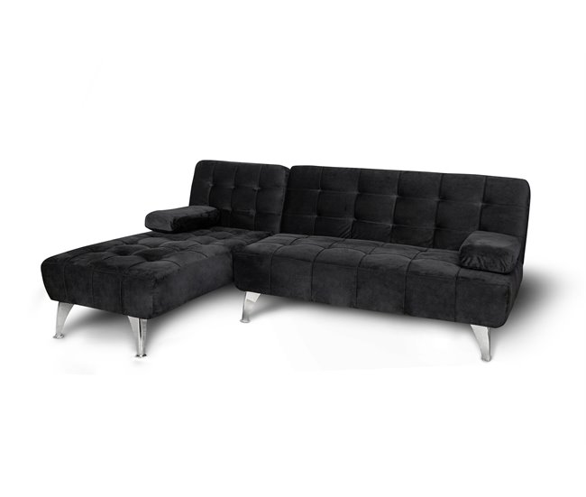 Sofá-cama com chaise longue e mesa de apoio Preto