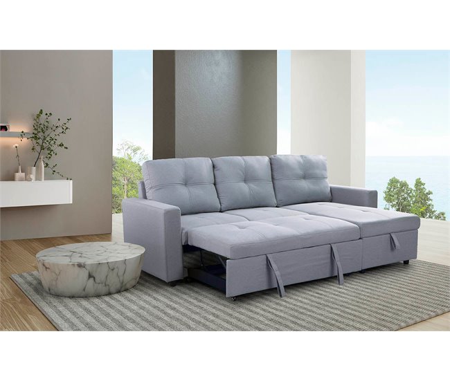 Sofá Cama Com Baú e Chaise Longue Cinza Claro